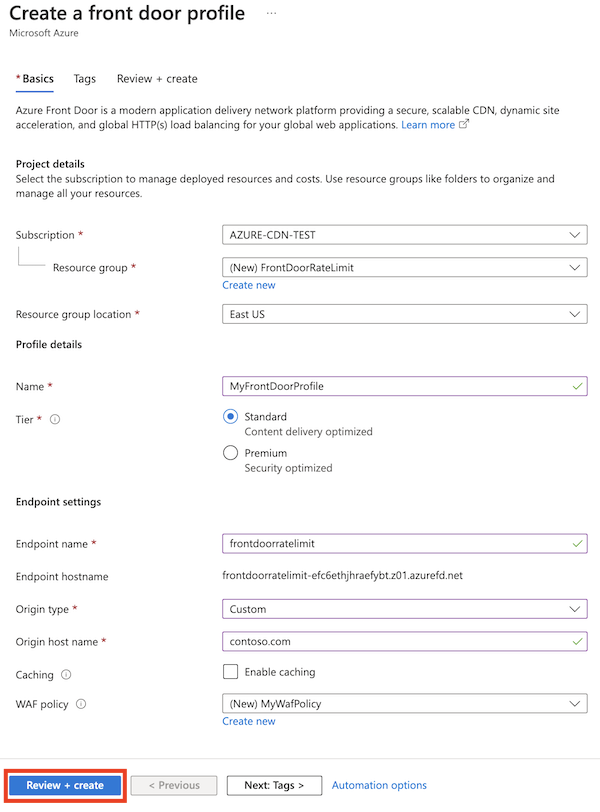 Captura de pantalla que muestra la configuración completa del perfil de Azure Front Door.