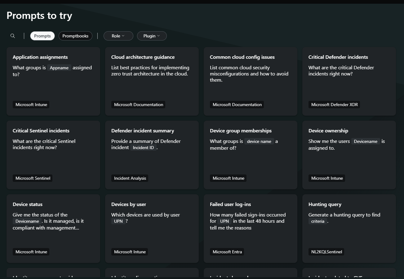 Captura de pantalla de las solicitudes para probar en Security Copilot.