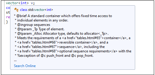 Captura de pantalla de un elemento emergente de IntelliSense en GCC.