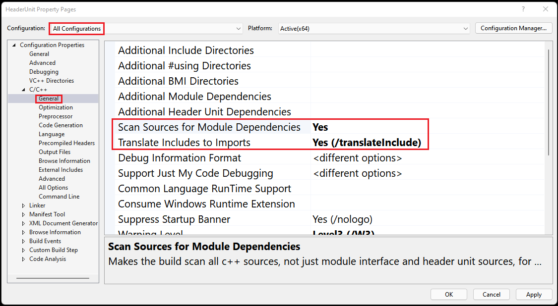 Captura de pantalla que muestra la pantalla de propiedades del proyecto con La configuración resaltada y Todas las configuraciones seleccionadas. En C/C++ > General, examinar orígenes de dependencias de módulo está resaltado y establecido en Sí, y traducir incluye a importaciones está resaltado y establecido en Sí (/translateInclude)