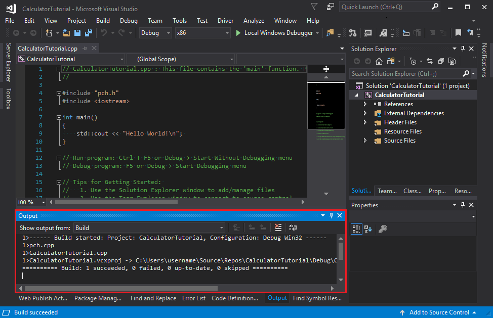 Captura de pantalla de la ventana Salida de Visual Studio en la que se muestra que la compilación se realizó correctamente.