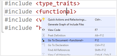 Captura de pantalla de la opción de menú Ir al documento de C++ en el contexto de algunas instrucciones include.