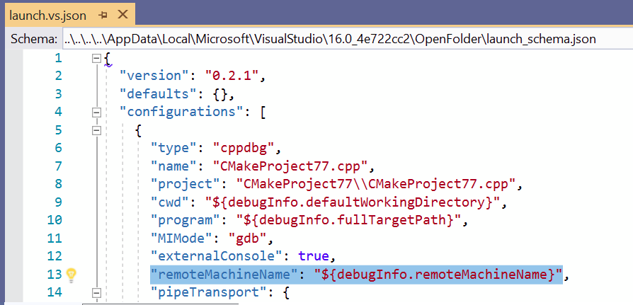 Máquina de depuración remota de CMake especificada en el archivo launch_schema.json. El nombre de la máquina remota es ${debugInfo . remoteMachineName}