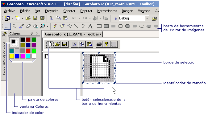 Captura de pantalla del Editor de barras de herramientas con controles resaltado.