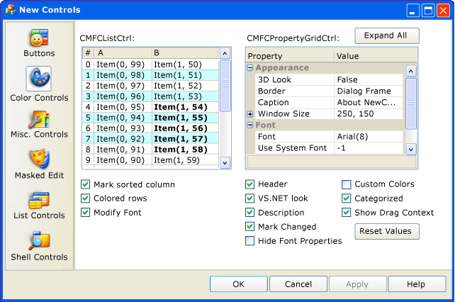 Controles de propiedad y lista cmFCPropertySheet.