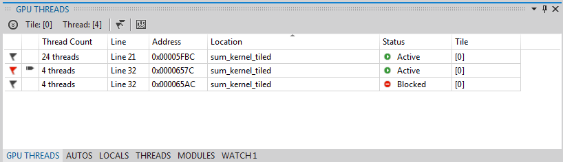 Ventana Subprocesos de GPU con subprocesos marcados.