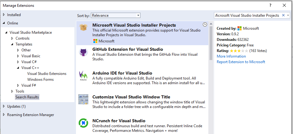 Cuadro de diálogo Administrar extensiones que muestra la extensión del proyecto de instalación de Visual Studio.