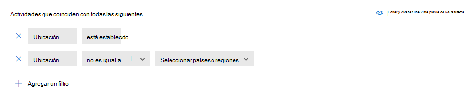 Captura de pantalla de la configuración del filtro, en la que se muestra que el campo de ubicación está establecido.