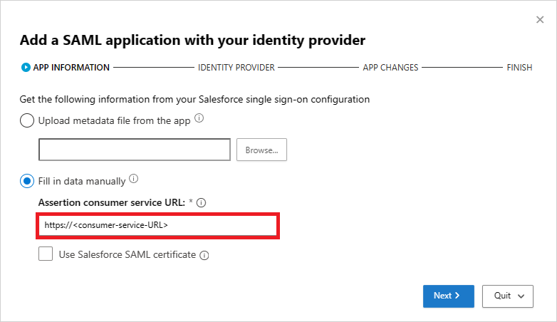 Rellene manualmente la información de Salesforce SAML.