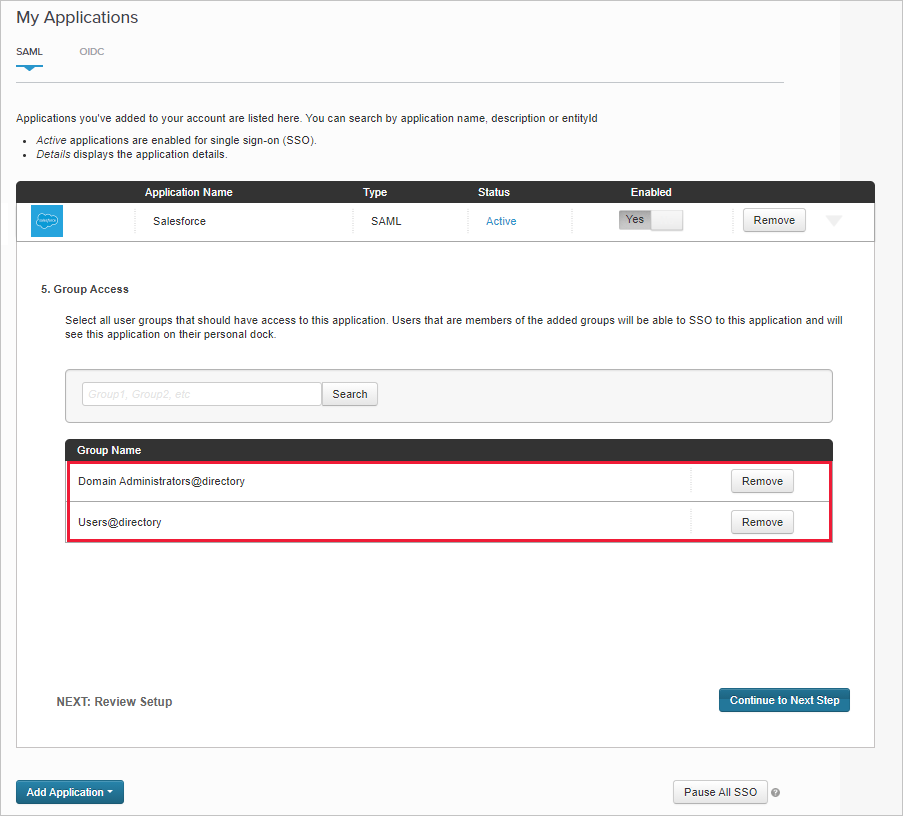 Tenga en cuenta los grupos asignados de la aplicación Salesforce existentes.