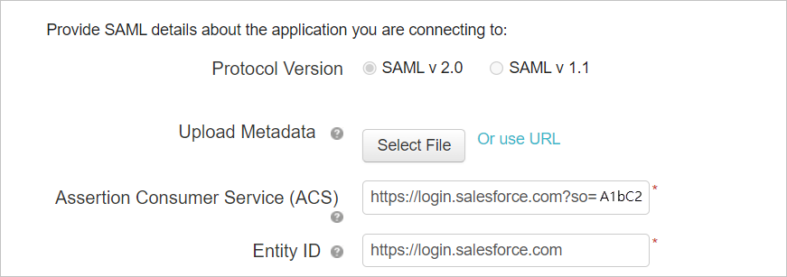 Configure la aplicación personalizada con los detalles de Salesforce SAML.