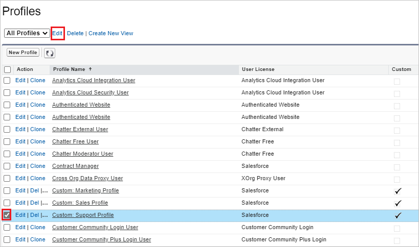 Edición de perfil en Salesforce.