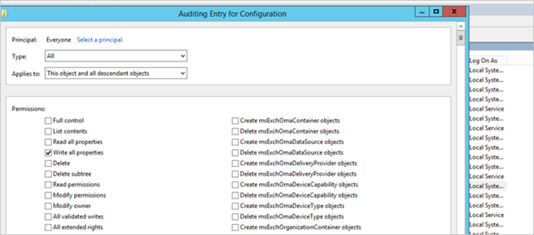 Captura de pantalla de los valores de auditoría para el contenedor de configuración.