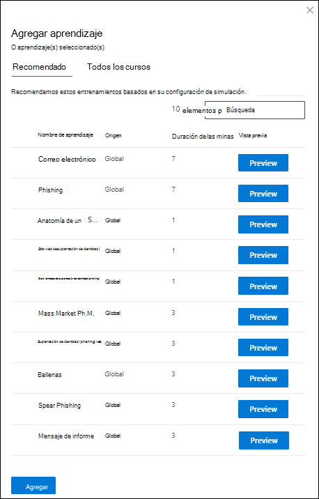 Opción para agregar el entrenamiento recomendado en la página Asignación de entrenamiento de Entrenamiento de simulación de ataque en el portal de Microsoft Defender