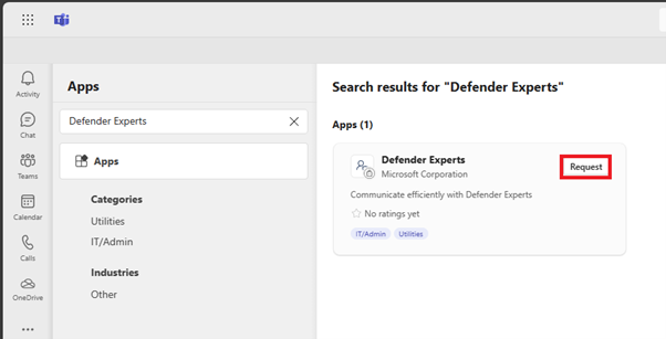 Captura de pantalla para solicitar la aplicación Expertos de Defender en Microsoft Teams.