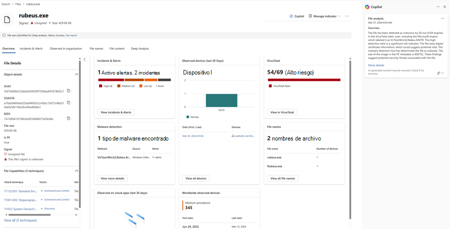 Captura de pantalla de los resultados del análisis de archivos en Copilot en Defender con la opción Mostrar detalles resaltada.