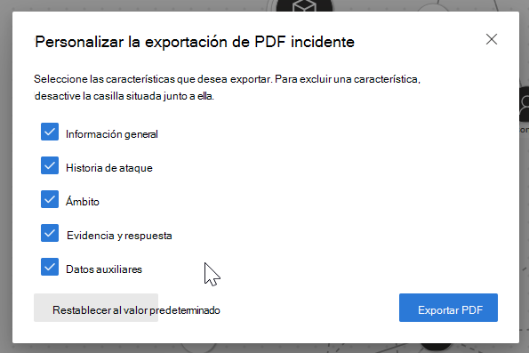 Captura de pantalla en la que se resalta la opción exportar incidente a PDF.