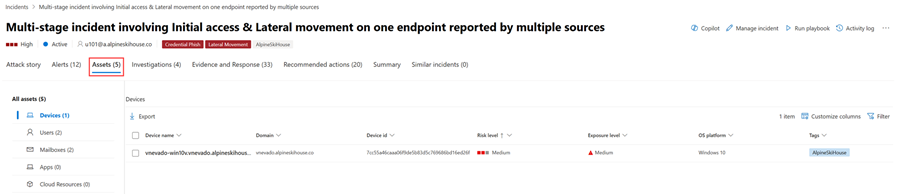 Página Recursos de un incidente en el portal de Microsoft Defender