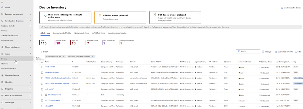 Captura de pantalla de la página Inventario de dispositivos en el portal de Microsoft Defender.