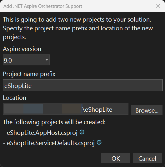 Captura de pantalla del cuadro de diálogo Agregar soporte para Orchestrator de .NET.NET Aspire.