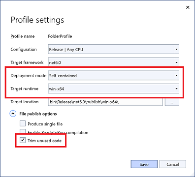 Cuadro de diálogo Configuración de perfil con las opciones Modo de implementación, Tiempo de ejecución de destino y Quitar los ensamblados no usados resaltadas.