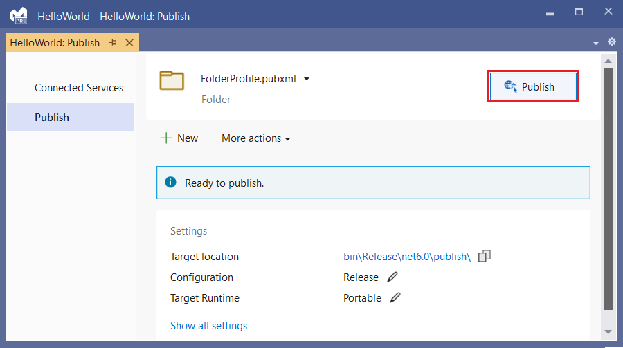 Visual Studio Publish window