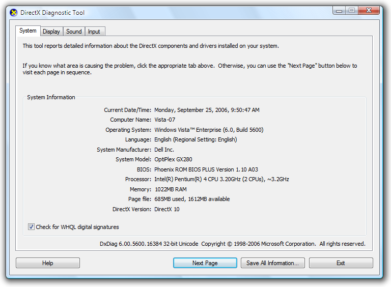 Captura de pantalla: Herramienta de diagnóstico de DirectX