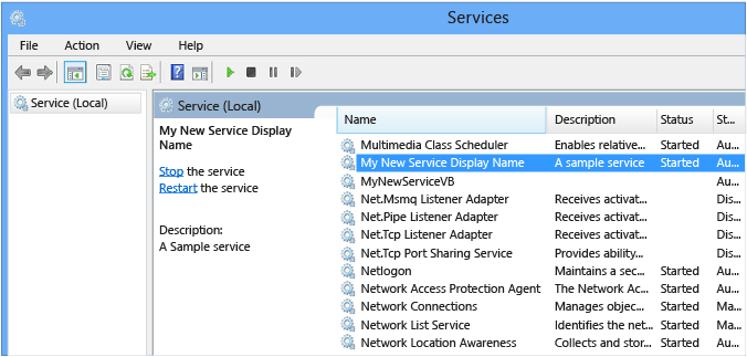 MyNewService en la ventana Servicios.