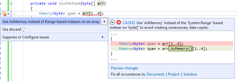 Corrección de código CA1833: Use AsSpan or AsMemory instead of Range-based indexers for getting Span or Memory portion of an array (Usar AsSpan o AsMemory en lugar de indizadores basados en intervalos para obtener la parte Span o Memory de una matriz)