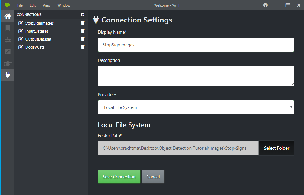 Cuadro de diálogo New Connection (Nueva conexión) de VoTT