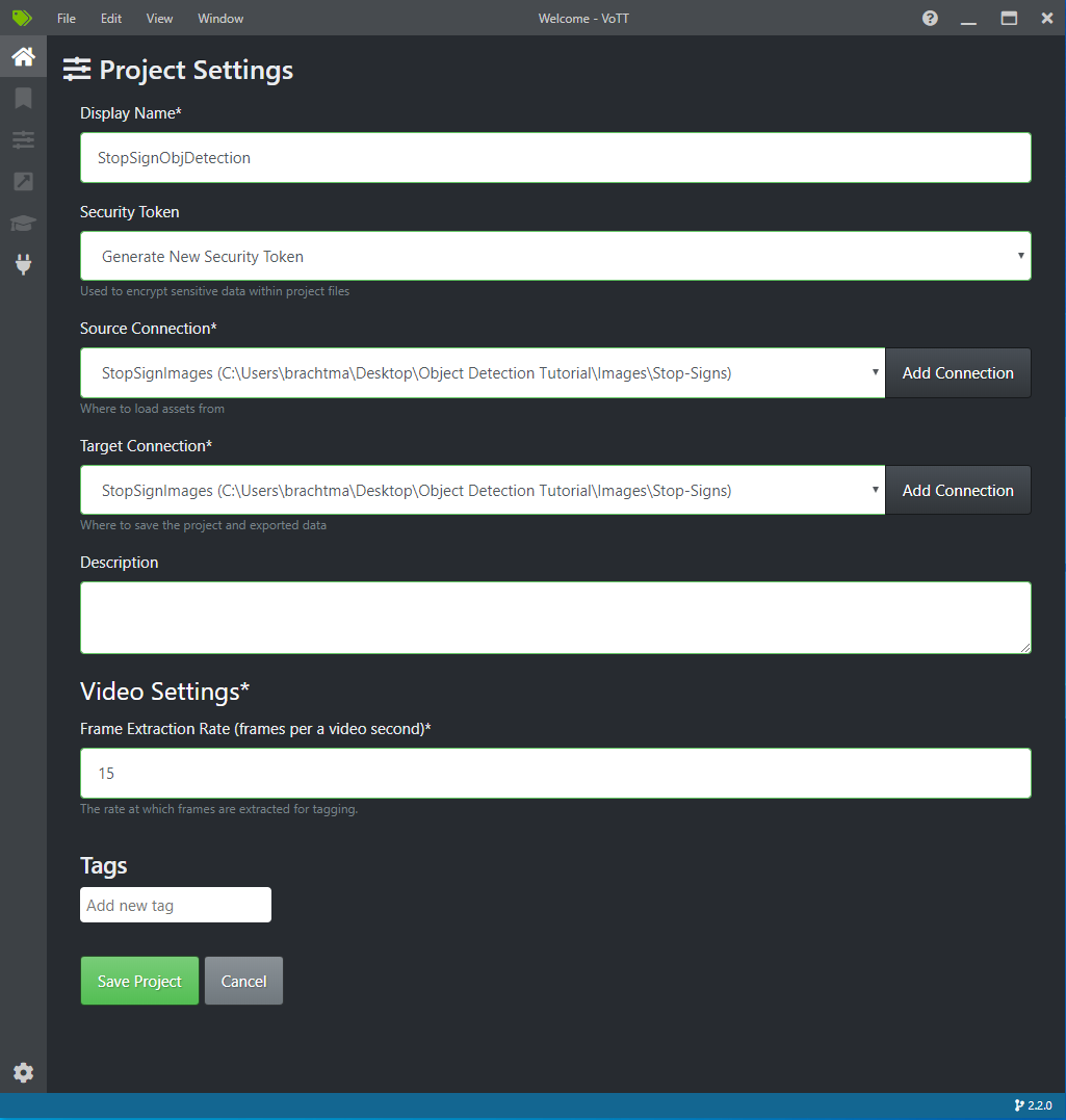 Cuadro de diálogo Project Settings (Configuración del proyecto) de VoTT