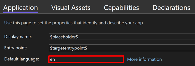 Captura de pantalla de la configuración del idioma predeterminado de una aplicación de Windows en el manifiesto del paquete.