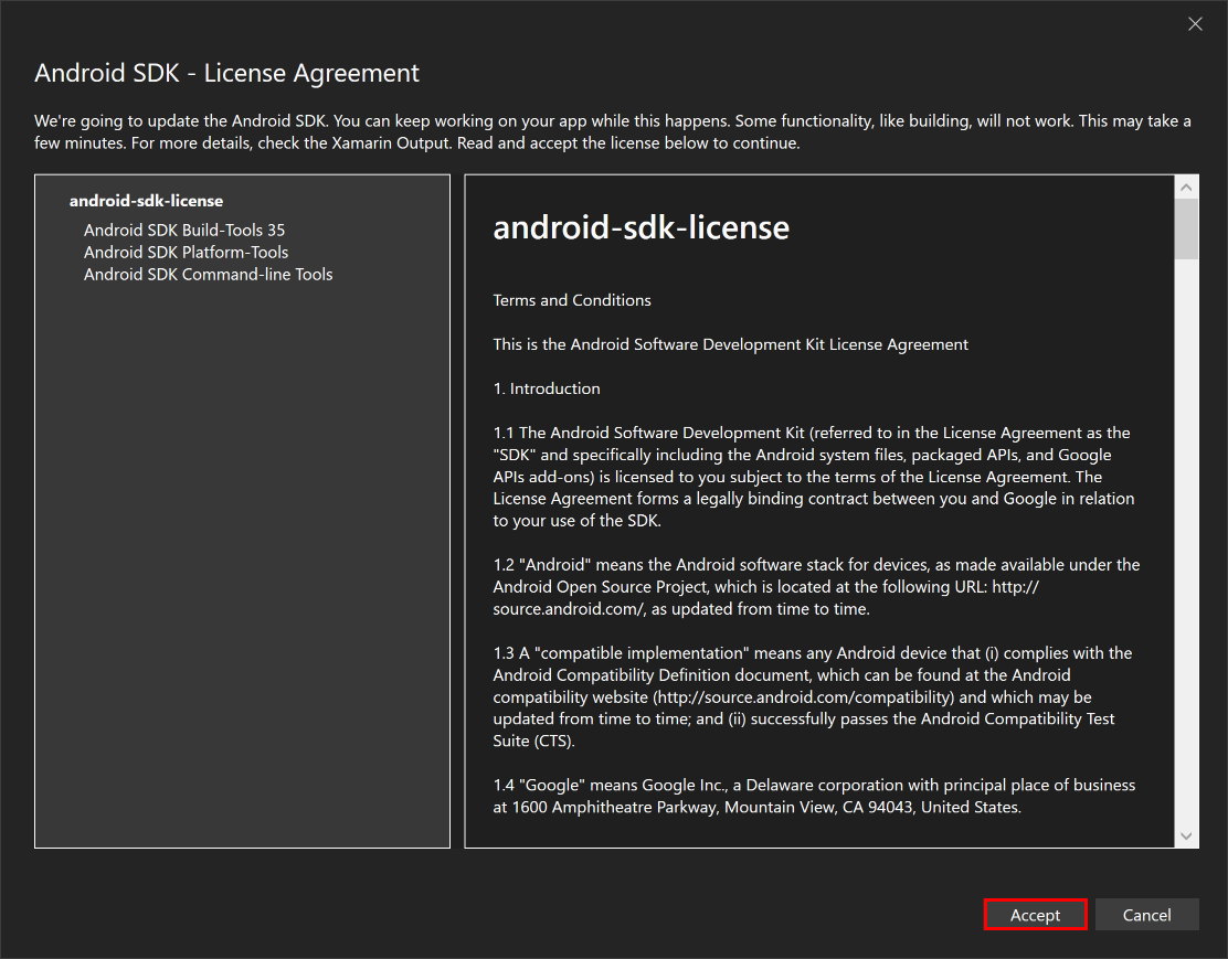 Primera ventana del Contrato de licencia de Android SDK.