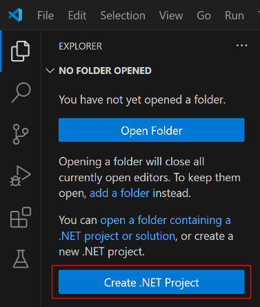 Captura de pantalla del botón Crear nuevo proyecto en Visual Studio Code.