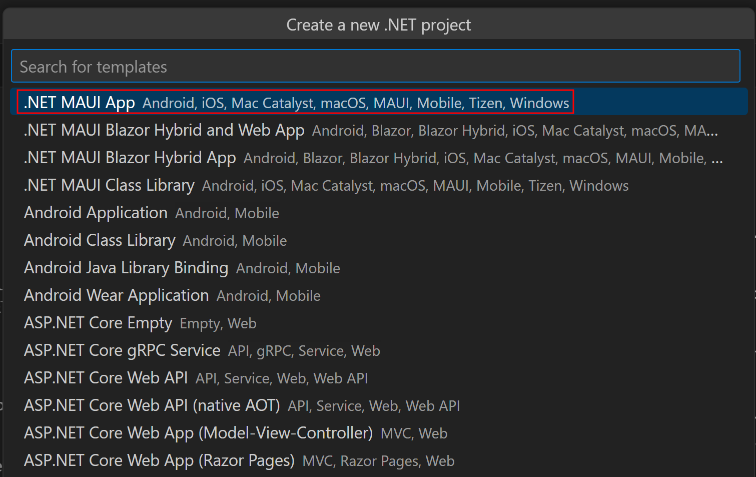 Captura de pantalla de la selección de la plantilla aplicación MAUI de .NET en la paleta de comandos de Visual Studio Code.