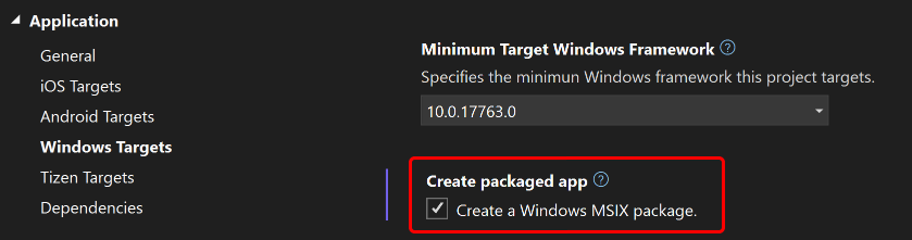 Captura de pantalla de Creación de un paquete MSIX de Windows activado en Visual Studio.