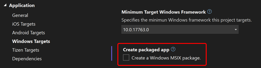 Captura de pantalla de Creación de un paquete MSIX de Windows desactivado en Visual Studio.