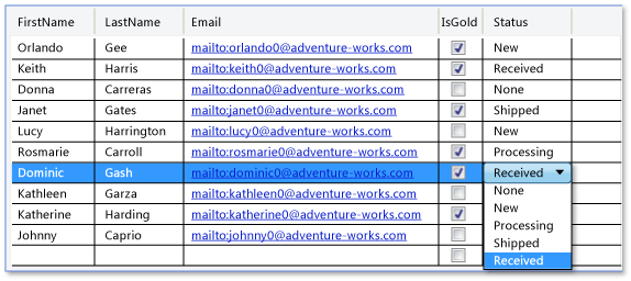 DataGrid con los cuatro tipos de columna predeterminados DataGrid