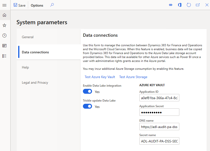 Ejemplo de configuración de Azure Data Lake Storage.