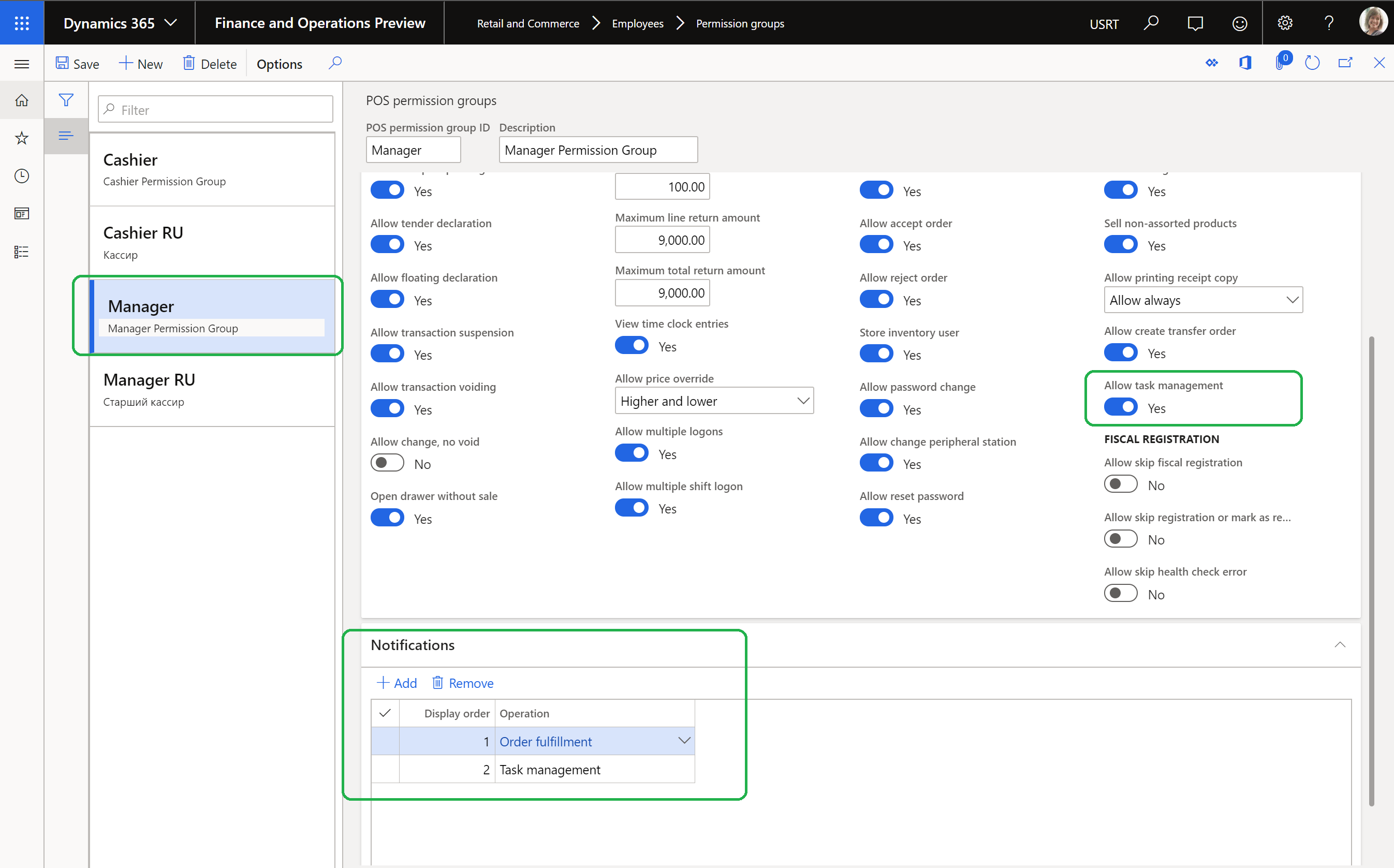 Configurar permisos de administración de tareas para gerentes de tienda.