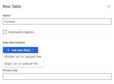 Cuadro de diálogo para crear una nueva tabla con la ubicación de los archivos de datos resaltada.