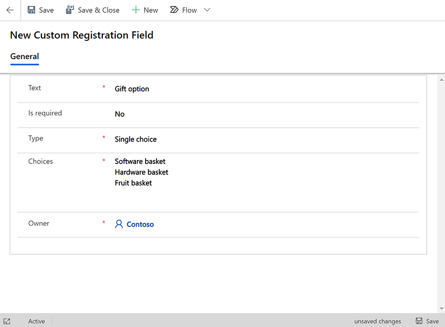 Ejemplo de configuración de un campo de registro personalizado.