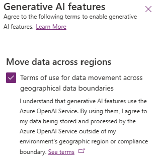 Captura de pantalla de las funciones de inteligencia artificial generativa del centro de administración de Power Platform.