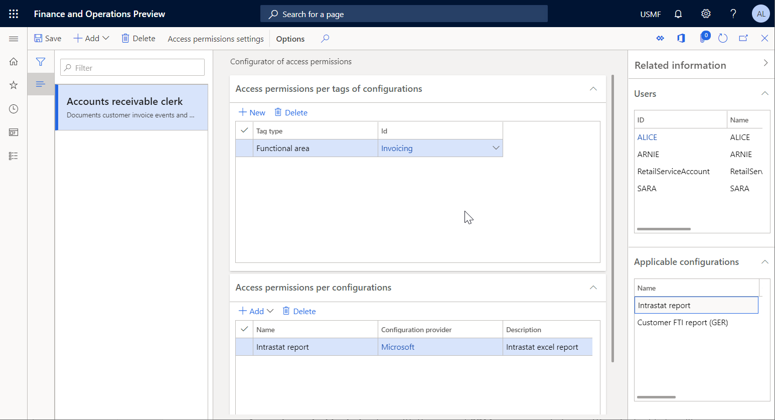 Fichas desplegables de permisos de acceso en la página Configurador de permisos de acceso.