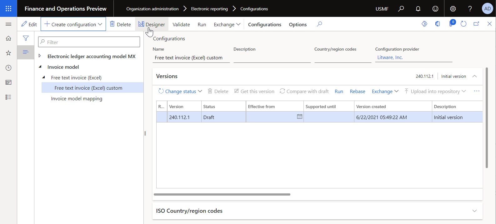 Nueva versión de la configuración de formato de ER creada en la página Configuraciones.