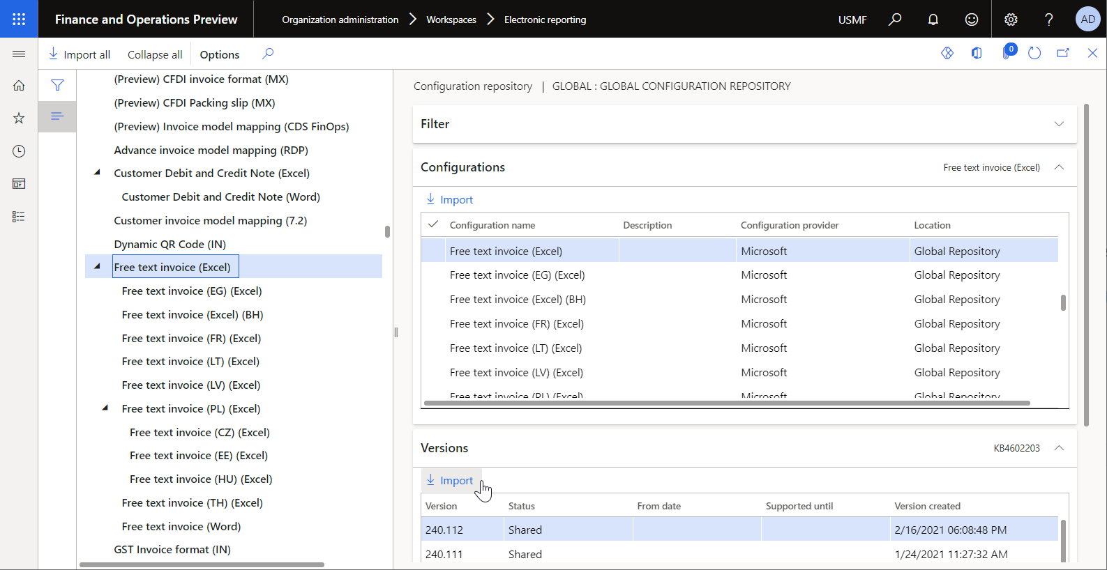 Importación de las configuraciones de ER estándar en la página Repositorio de configuración.