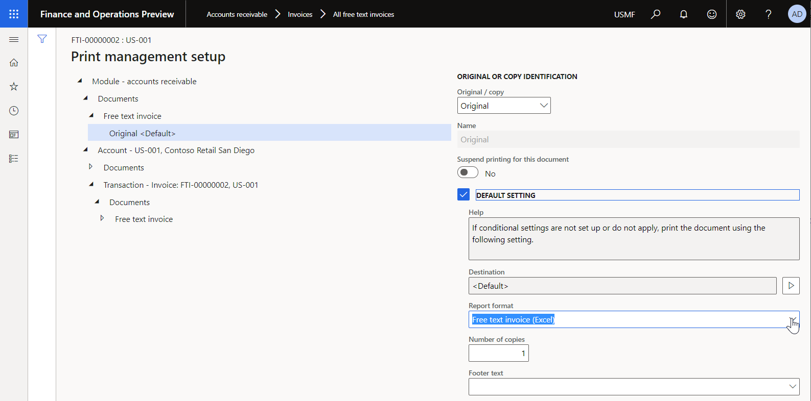 Configuración de administración de impresión para una factura de servicios en el formato estándar ER en la página de configuración de administración de impresión.