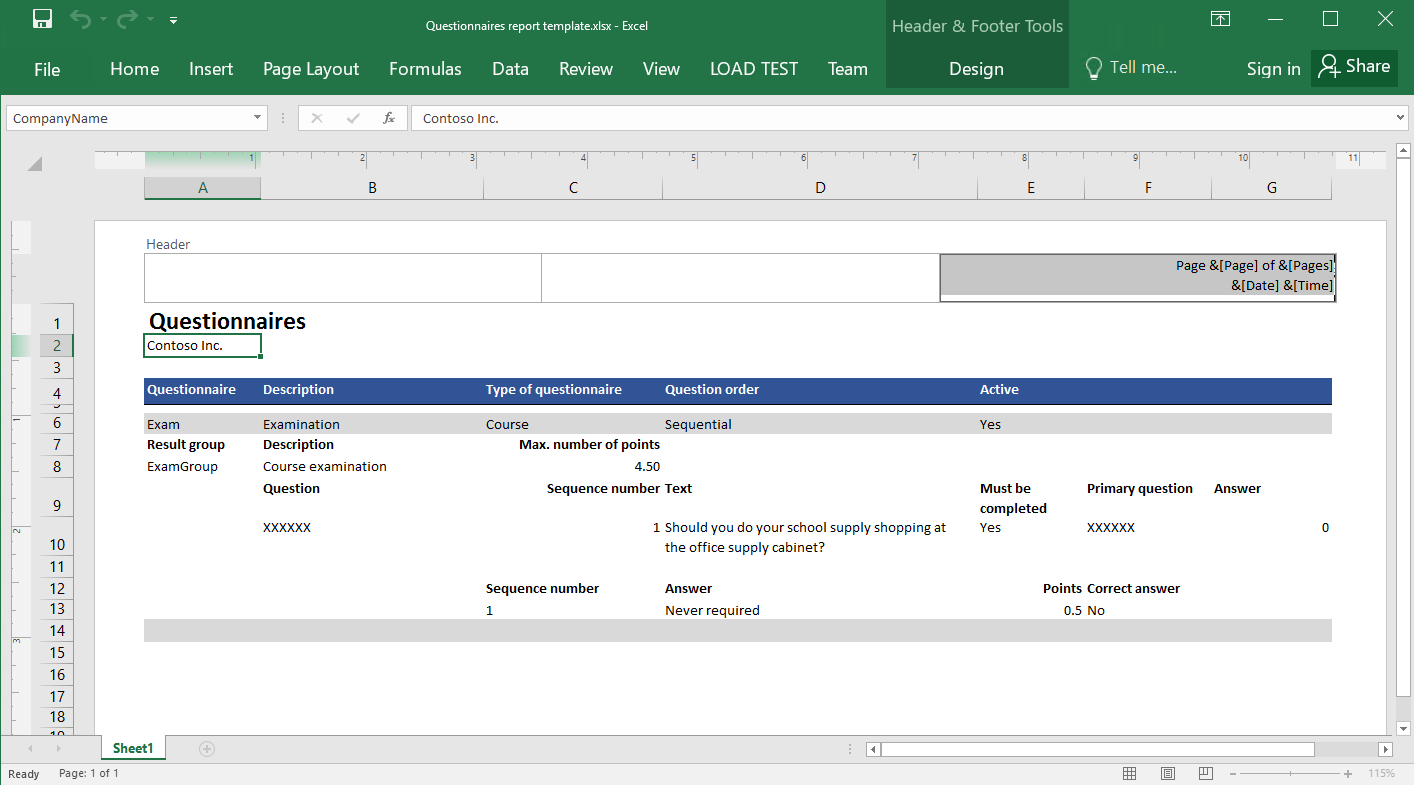 Encabezado de informe personalizado en la plantilla de Excel suministrada.