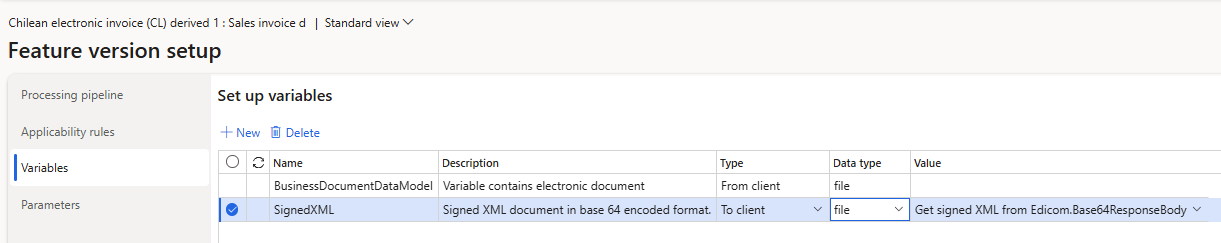 Captura de pantalla de la configuración en la pestaña Variables de la página Configuración de la versión de característica