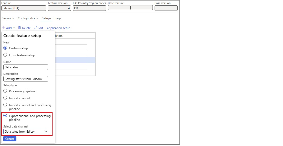 Captura de pantalla que muestra la configuración de la función Obtener estado del canal de exportación y el tipo de canalización de procesamiento que se está creando.